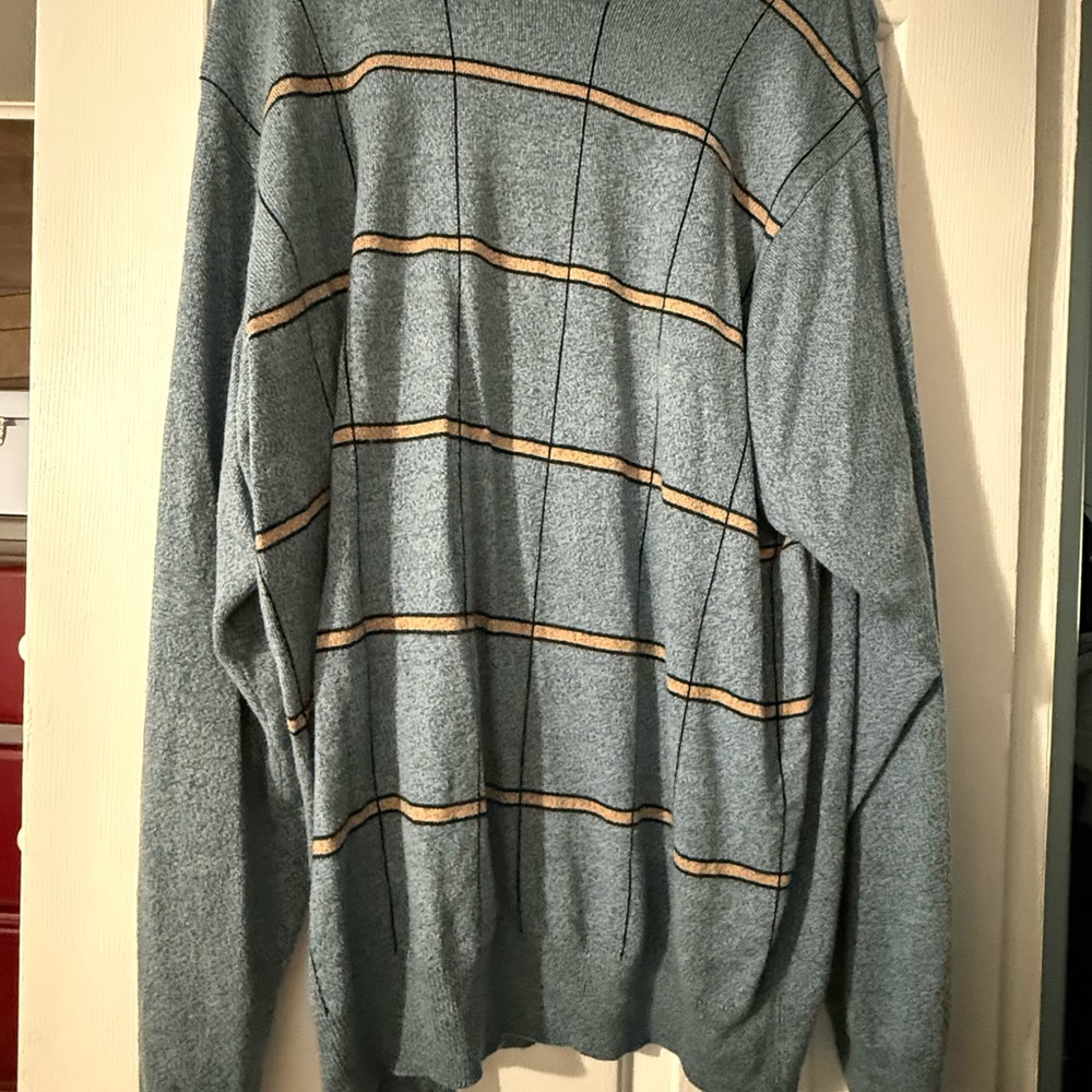 Dockers Men's Light Blue Crewneck Sweater with Tan and Black Stripes